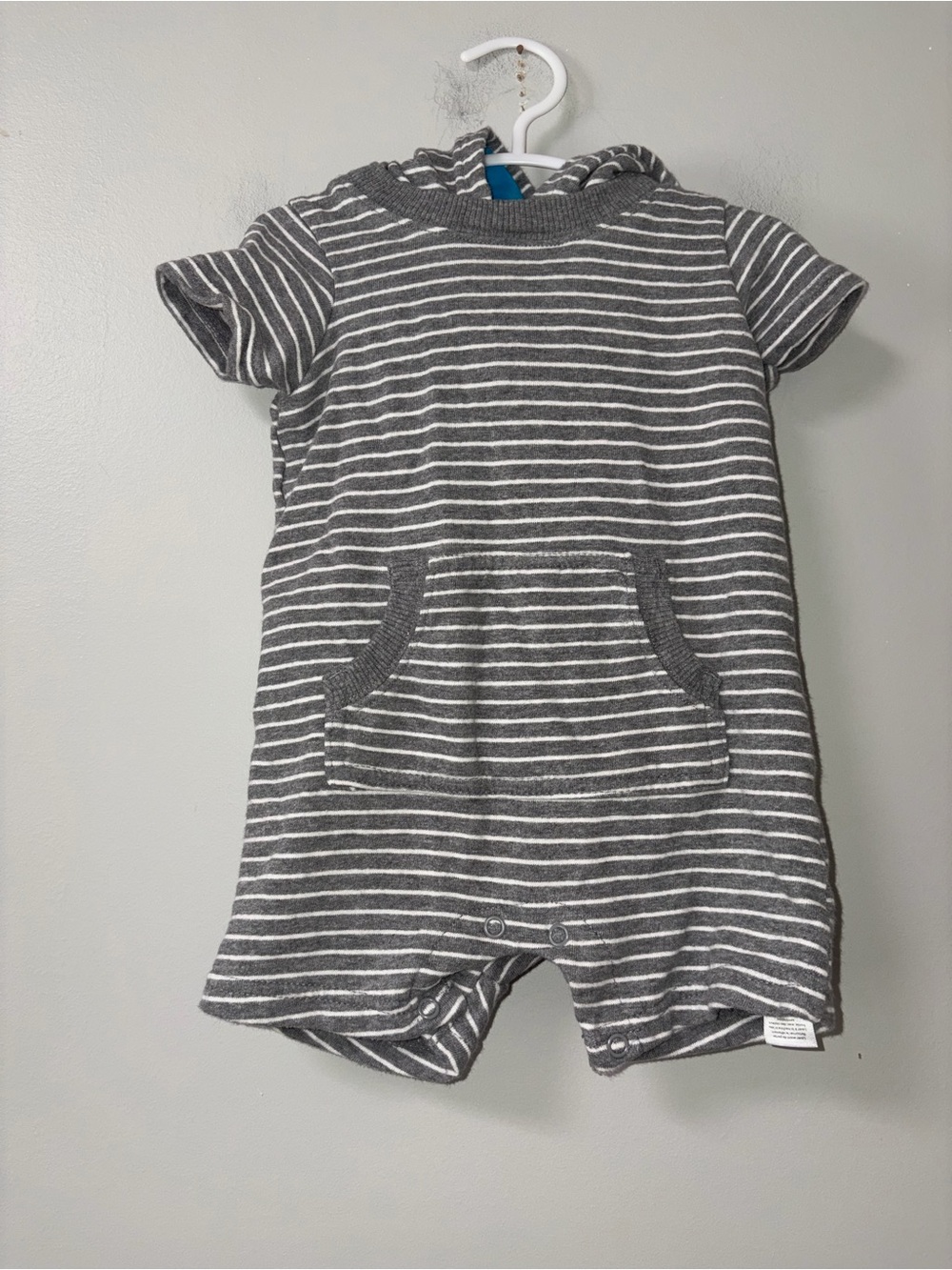 Carter's Gray & White Striped Hooded Short Sleeve Romper